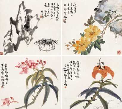 王师子 1929年作 花鸟 册页（十二开选四）